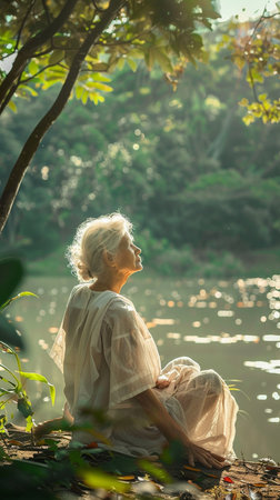 Portrait of a beautiful senior woman sitting in the park by the lakeの素材
