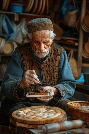 Portrait of an old man working on a craft in his workshopの素材