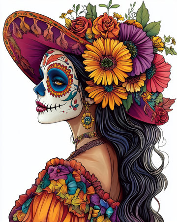 Day of the Dead sugar skull woman with flowers in her hair.の素材