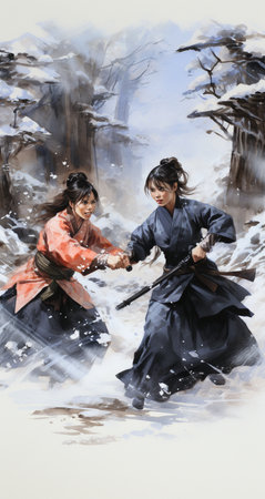 Digital painting of two Japanese women in kimono fighting in the forestの素材