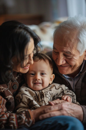 Portrait of a happy family at home. Grandfather, grandmother and grandson spending time together.の素材