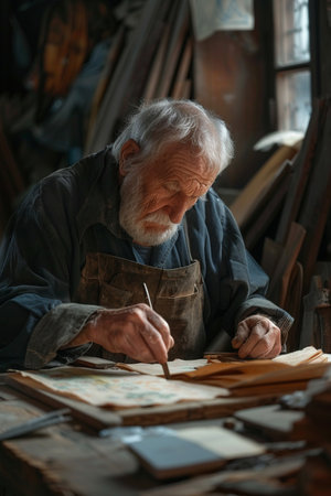 Old craftsman working in his workshop, drawing with pencils and paintsの素材