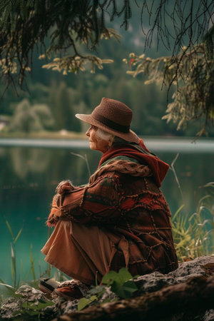 Elderly woman sitting on a rock by the lake and looking into the distanceの素材