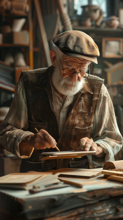 Old craftsman working in his workshop. Old craftsman working in his workshop.の素材