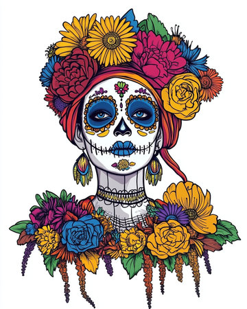 Day of the dead sugar skull with colorful flowers. Vector illustration.の素材