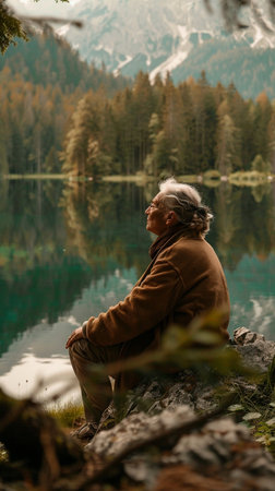 Senior woman sitting on the edge of a mountain lake and looking awayの素材