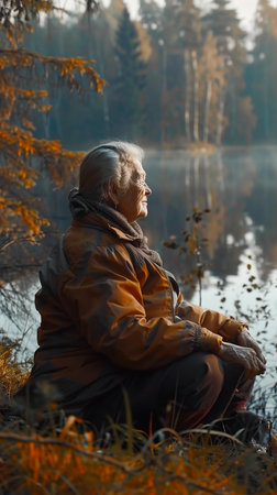 Elderly woman in yellow raincoat sitting on the bank of a lake in autumn forestの素材