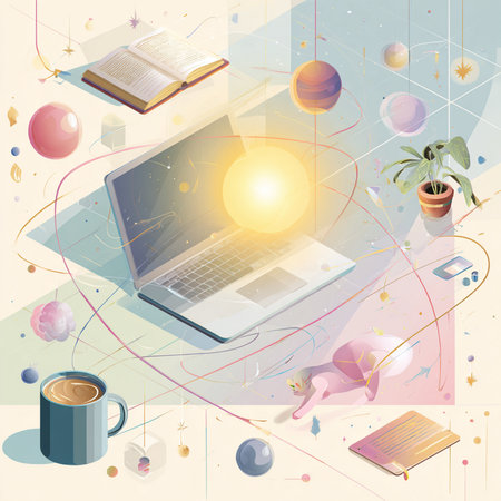 Flat isometric illustration of a laptop, a cup of coffee, an open book, a flower and a plant.の素材