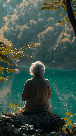Elderly woman sitting on a rock and looking at a lakeの素材