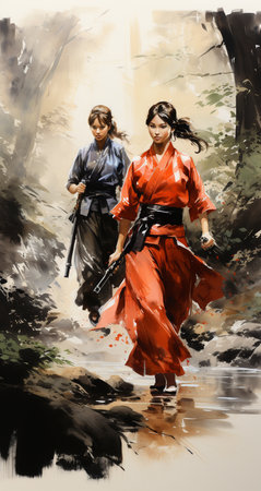 Digital painting of two Japanese women in kimono with katana swordの素材