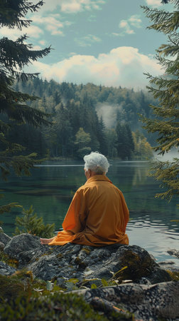 Senior woman meditating on the shore of a mountain lake in autumnの素材