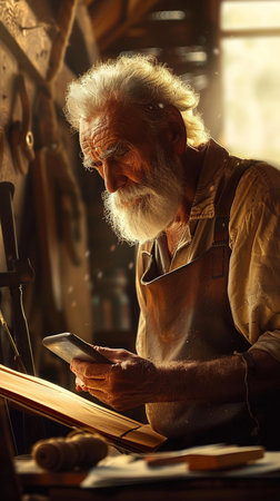 Old craftsman working with a tablet in his workshop. Vintage styles.の素材