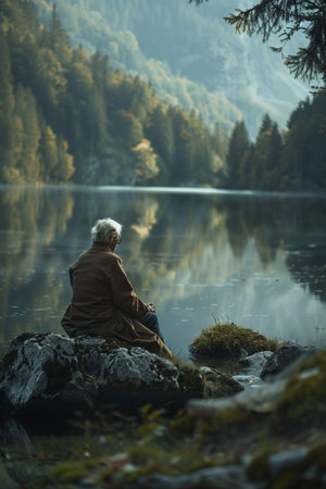 Woman sitting on a rock on the shore of a mountain lake.の素材