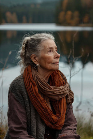 Portrait of an elderly woman in a scarf on the background of the lake.の素材