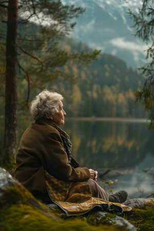 Elderly woman sitting on the shore of a mountain lake.の素材