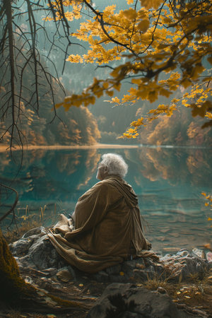 Elderly woman sitting on a rock by a lake in autumnの素材
