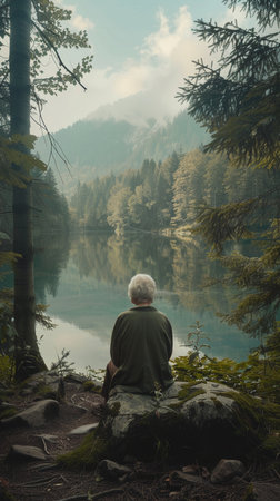 Elderly woman sitting on a rock looking at a lake in the mountainsの素材