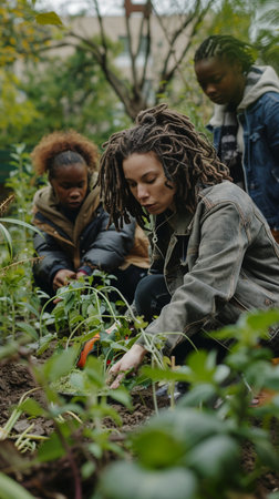 Young african american woman with dreadlocks harvesting vegetables in gardenの素材