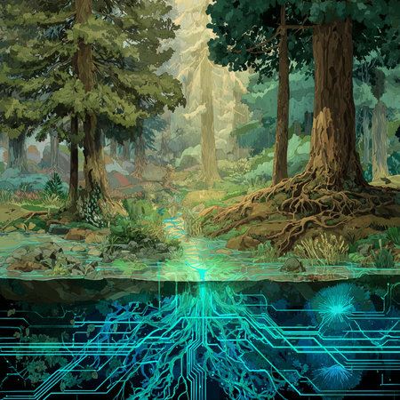 Fantastic forest with green trees and high-tech circuit boardの素材