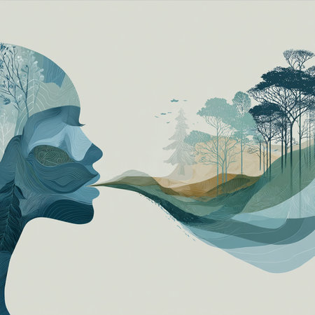 Conceptual illustration of a woman's face in profile with abstract landscape.の素材
