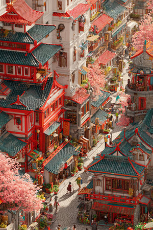 Top view of the Chinese temple in the old town.の素材
