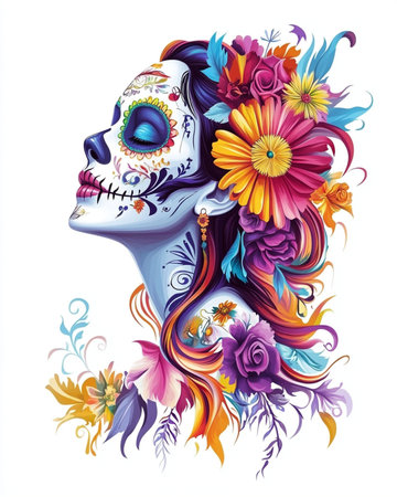 Day of the Dead sugar skull girl with flowers. Vector illustration.の素材