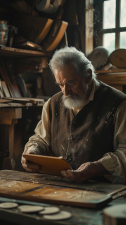 Old craftsman working in his workshop, using a tablet computer.の素材