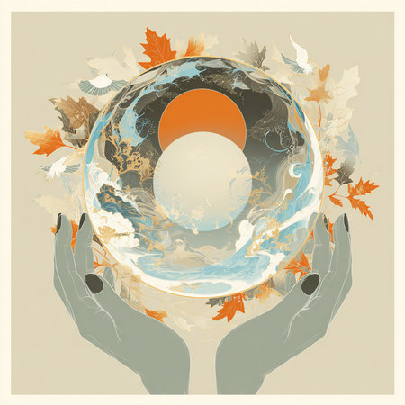 Hands holding Earth planet with birds and autumn leaves. Vector illustration.の素材