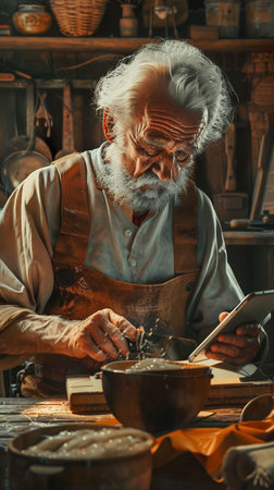 Portrait of a senior man in his pottery workshop, using a tablet computer.の素材