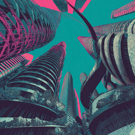 3D rendering of futuristic skyscrapers in a futuristic city.の素材