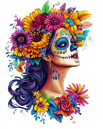 Day of the Dead sugar skull girl with flowers. Vector illustration.の素材