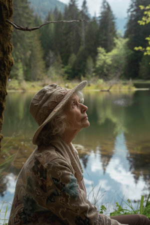 Portrait of an elderly woman on the shore of a mountain lakeの素材