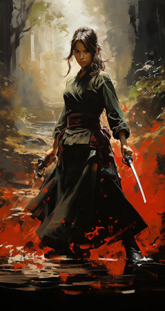 Japanese woman in kimono with samurai sword on fire background.の素材