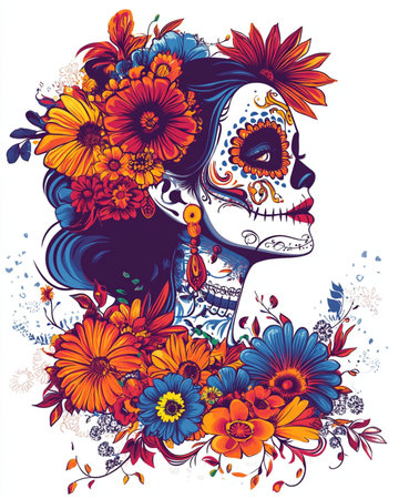 Day of the Dead sugar skull girl with flowers. Vector illustration.の素材
