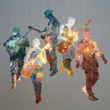 Musical group of jazz musicians with musical instruments. Colorful abstract backgroundの素材