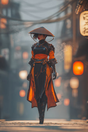 Beautiful asian woman in traditional costume walking in the street at nightの素材