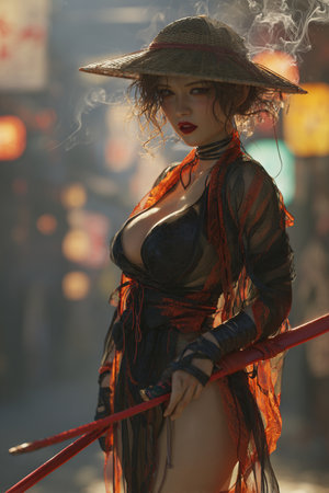 Beautiful girl in a hat on the background of the city.の素材