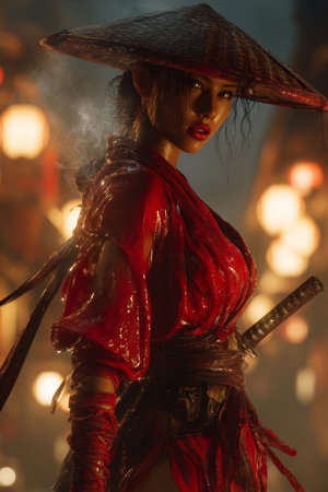 Beautiful asian woman wearing traditional costume and holding bamboo sword at nightの素材