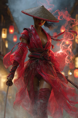 Beautiful Chinese woman in a red dress and hat with a swordの素材