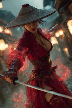Beautiful asian woman in red dress and hat with sword in the fireの素材