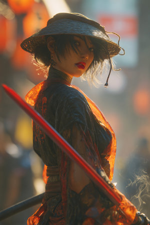 Asian woman dressed in traditional costume with lanterns during Chinese New Year celebrationの素材