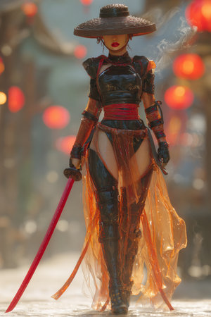 Chinese woman in traditional costume with red katana sword and hat.の素材