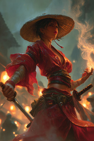 Asian woman in red dress and hat with sword in the fire.の素材