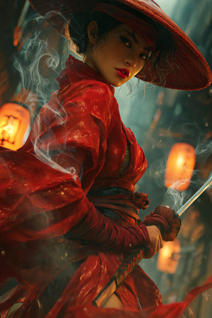 Beautiful asian witch in red dress and hat with burning candlesの素材