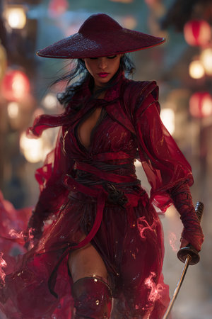 A gorgeous brunette model walks through the streets during the Chinese New Year celebrations.の素材