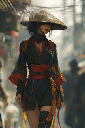 Portrait of a beautiful woman in a traditional Chinese costume with a hatの素材