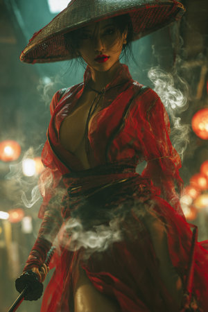 Beautiful asian woman in red dress and hat with incenseの素材