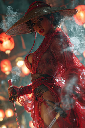 Beautiful asian woman in red dress and hat with incenseの素材