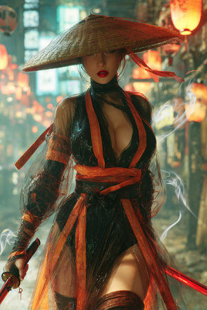 Beautiful asian woman in traditional costume and hat in the ancient cityの素材