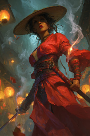 Witch in a red cloak and a hat with a broomstickの素材